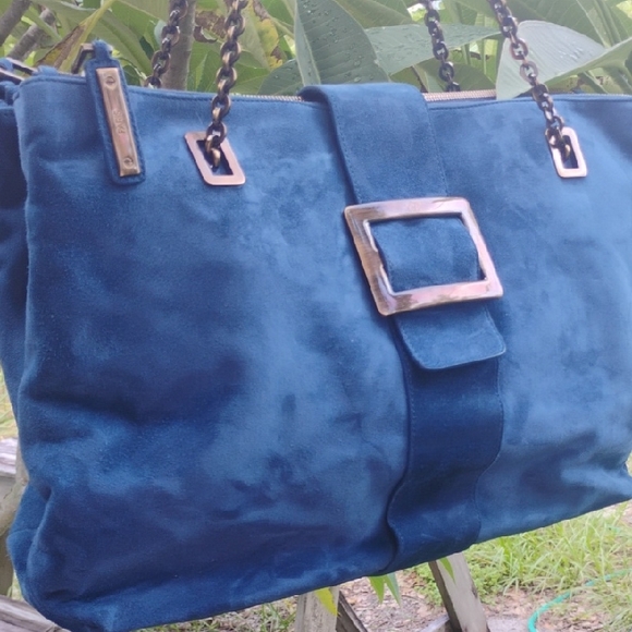 Roger Vivier Handbags - Roger Vivier Large Metro Blue Suede Leather Shoulder Bag From Paris